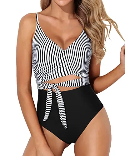 Sexy V Neck Tummy Control One Piece Swimsuits For Women-Black And White Stripe