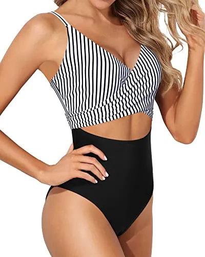 Sexy V Neck Tummy Control One Piece Swimsuits For Women-Black And White Stripe