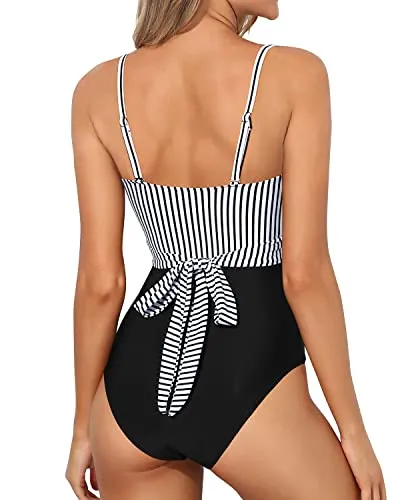 Sexy V Neck Tummy Control One Piece Swimsuits For Women-Black And White Stripe
