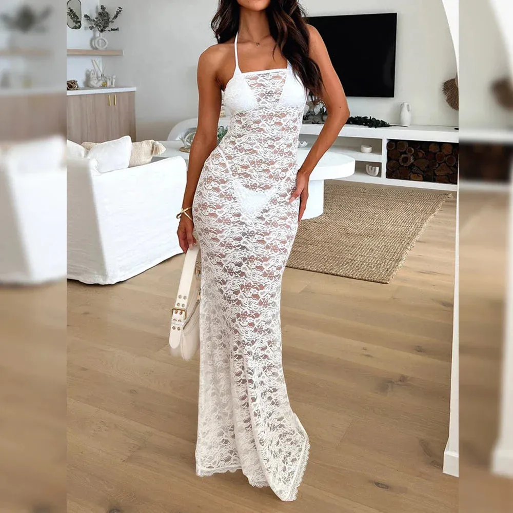 Sexy Vestidos Lace Hollow Out Sleeveless White Long Bodycon Evening Party Fashion Elegant Dress