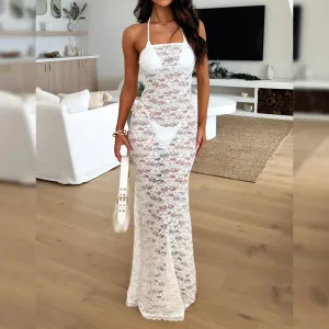 Sexy Vestidos Lace Hollow Out Sleeveless White Long Bodycon Evening Party Fashion Elegant Dress