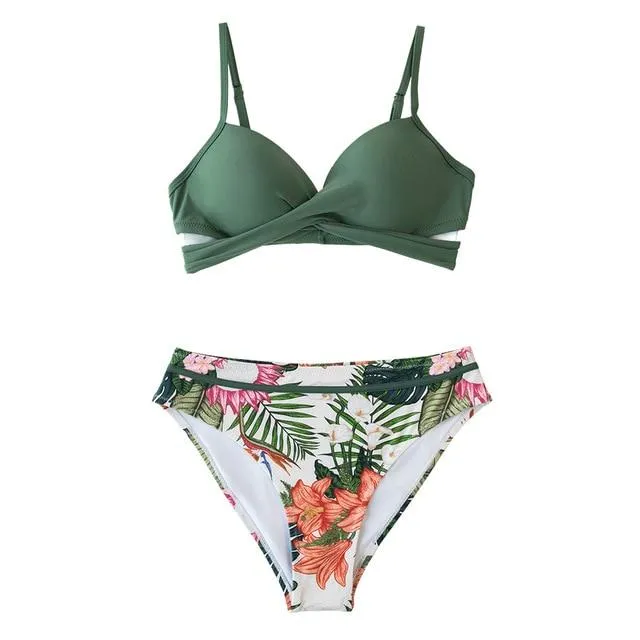 Sexy Women's Push Up Bikini Sets With Floral Print Wrap & Thong Two Pieces