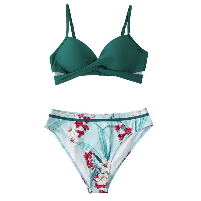 Sexy Women's Push Up Bikini Sets With Floral Print Wrap & Thong Two Pieces