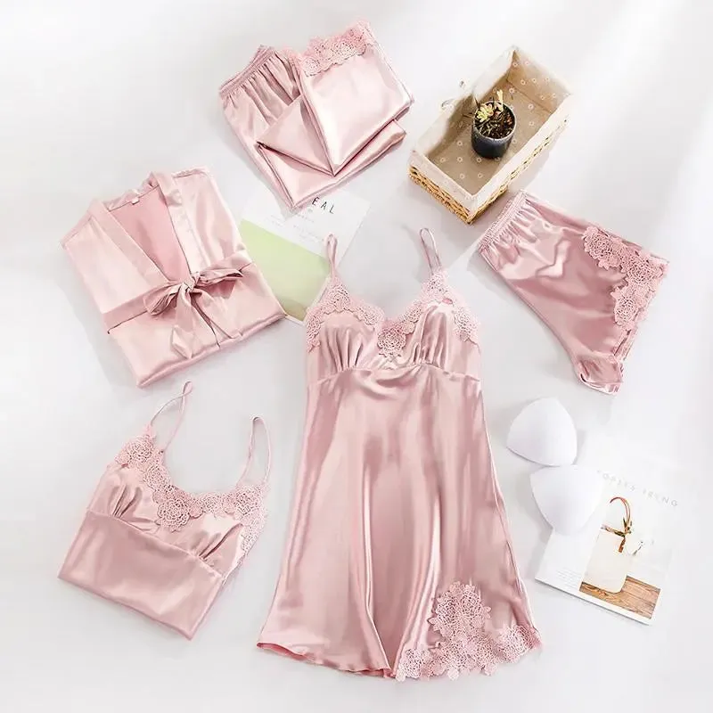 Sexy Women's V-Neck Lace Satin Pajama Set (5PCS)