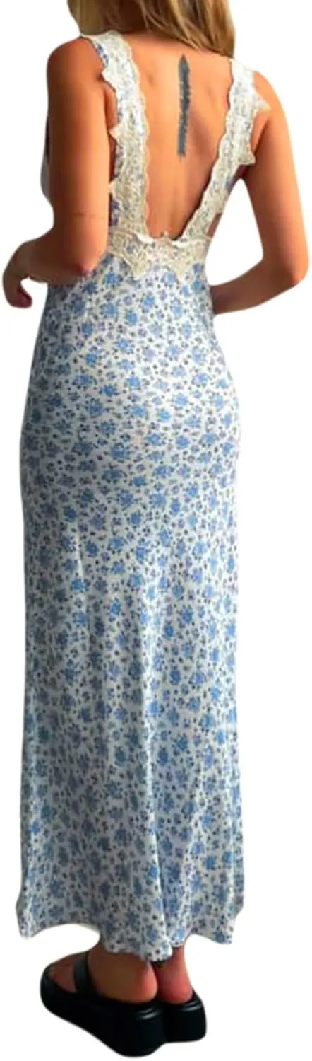 Seyurigaoka Women Y2K Floral Print Spaghetti Strap Maxi Dress Low Cut Bodycon Cami Long Dress V Neck Backless Vacation Dress