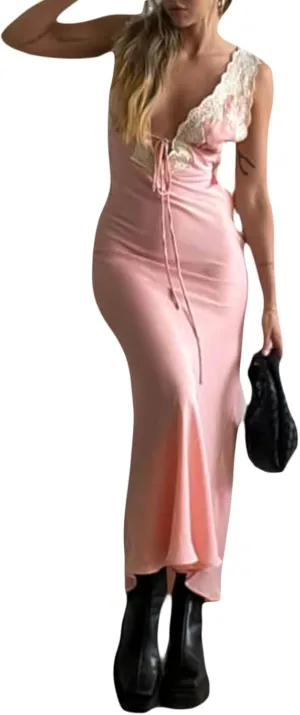Seyurigaoka Women Y2K Floral Print Spaghetti Strap Maxi Dress Low Cut Bodycon Cami Long Dress V Neck Backless Vacation Dress
