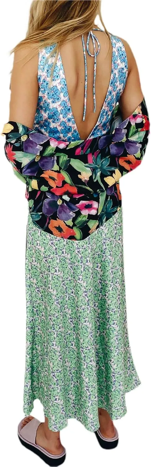 Seyurigaoka Women Y2K Floral Print Spaghetti Strap Maxi Dress Low Cut Bodycon Cami Long Dress V Neck Backless Vacation Dress