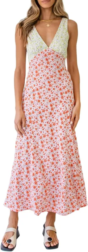 Seyurigaoka Women Y2K Floral Print Spaghetti Strap Maxi Dress Low Cut Bodycon Cami Long Dress V Neck Backless Vacation Dress