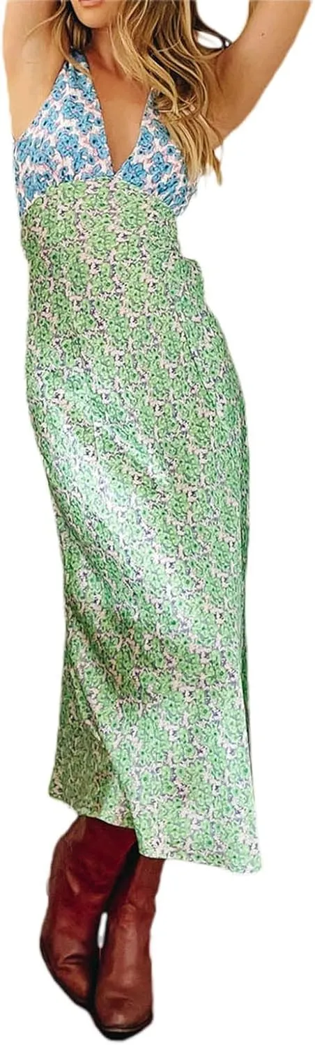 Seyurigaoka Women Y2K Floral Print Spaghetti Strap Maxi Dress Low Cut Bodycon Cami Long Dress V Neck Backless Vacation Dress