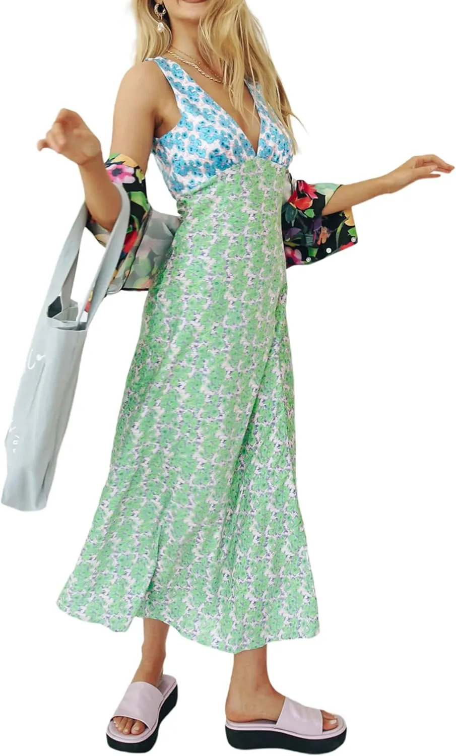 Seyurigaoka Women Y2K Floral Print Spaghetti Strap Maxi Dress Low Cut Bodycon Cami Long Dress V Neck Backless Vacation Dress