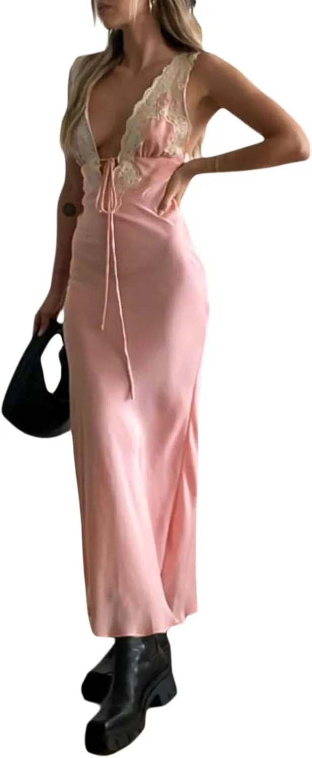 Seyurigaoka Women Y2K Floral Print Spaghetti Strap Maxi Dress Low Cut Bodycon Cami Long Dress V Neck Backless Vacation Dress