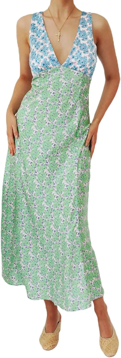 Seyurigaoka Women Y2K Floral Print Spaghetti Strap Maxi Dress Low Cut Bodycon Cami Long Dress V Neck Backless Vacation Dress
