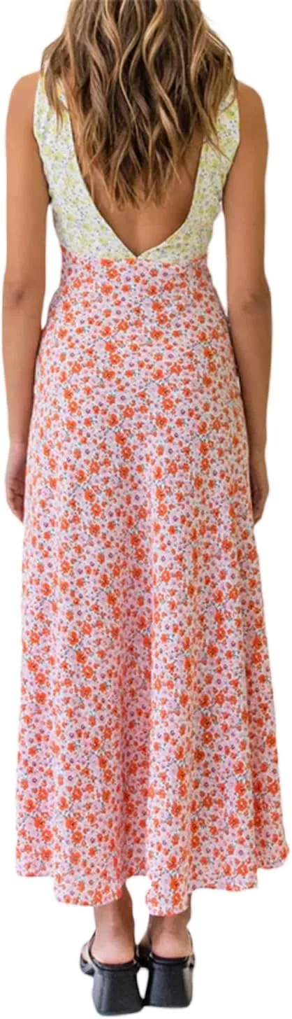 Seyurigaoka Women Y2K Floral Print Spaghetti Strap Maxi Dress Low Cut Bodycon Cami Long Dress V Neck Backless Vacation Dress