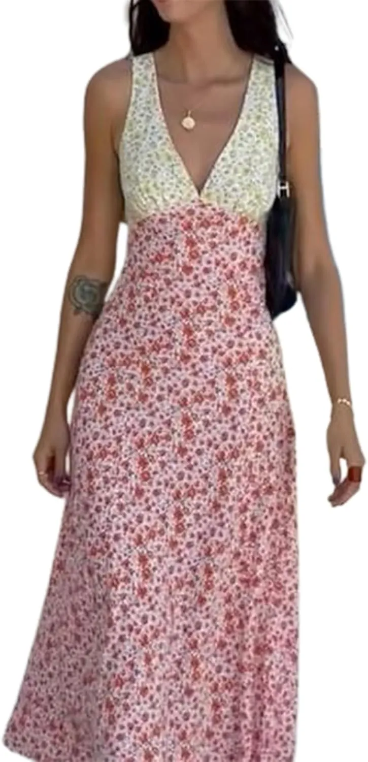 Seyurigaoka Women Y2K Floral Print Spaghetti Strap Maxi Dress Low Cut Bodycon Cami Long Dress V Neck Backless Vacation Dress
