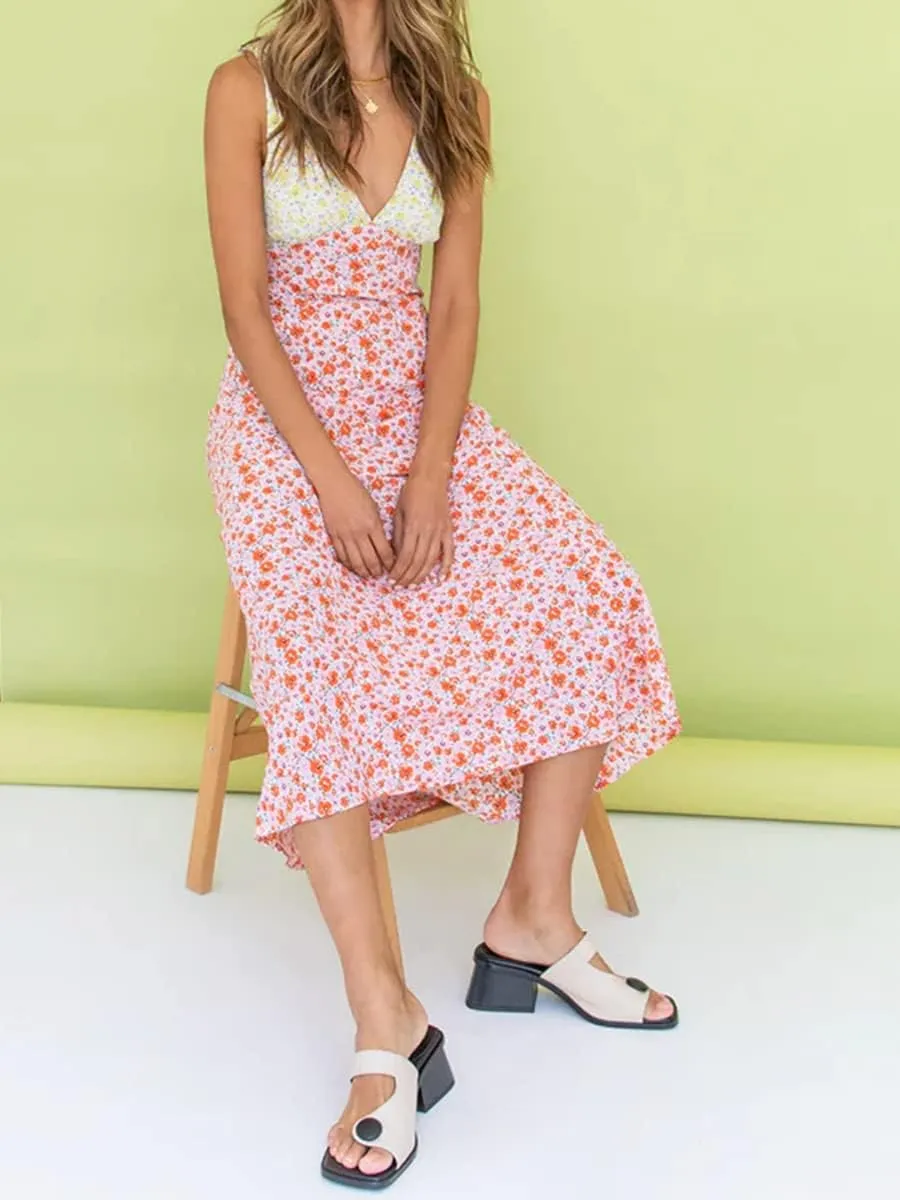 Seyurigaoka Women Y2K Floral Print Spaghetti Strap Maxi Dress Low Cut Bodycon Cami Long Dress V Neck Backless Vacation Dress