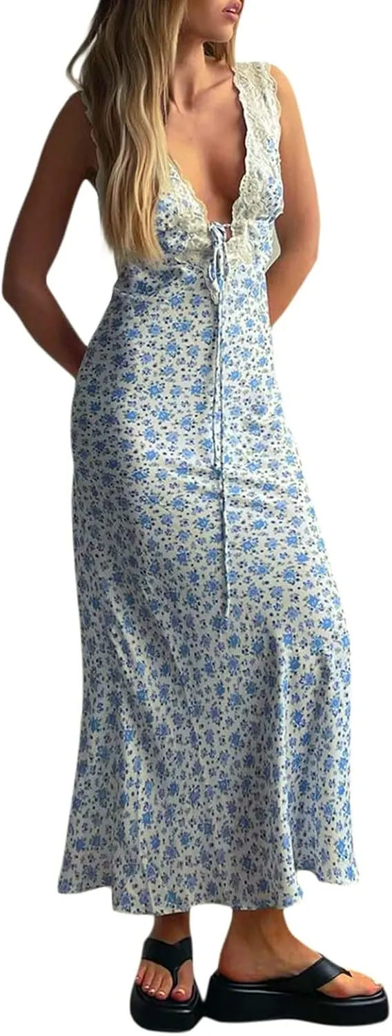 Seyurigaoka Women Y2K Floral Print Spaghetti Strap Maxi Dress Low Cut Bodycon Cami Long Dress V Neck Backless Vacation Dress