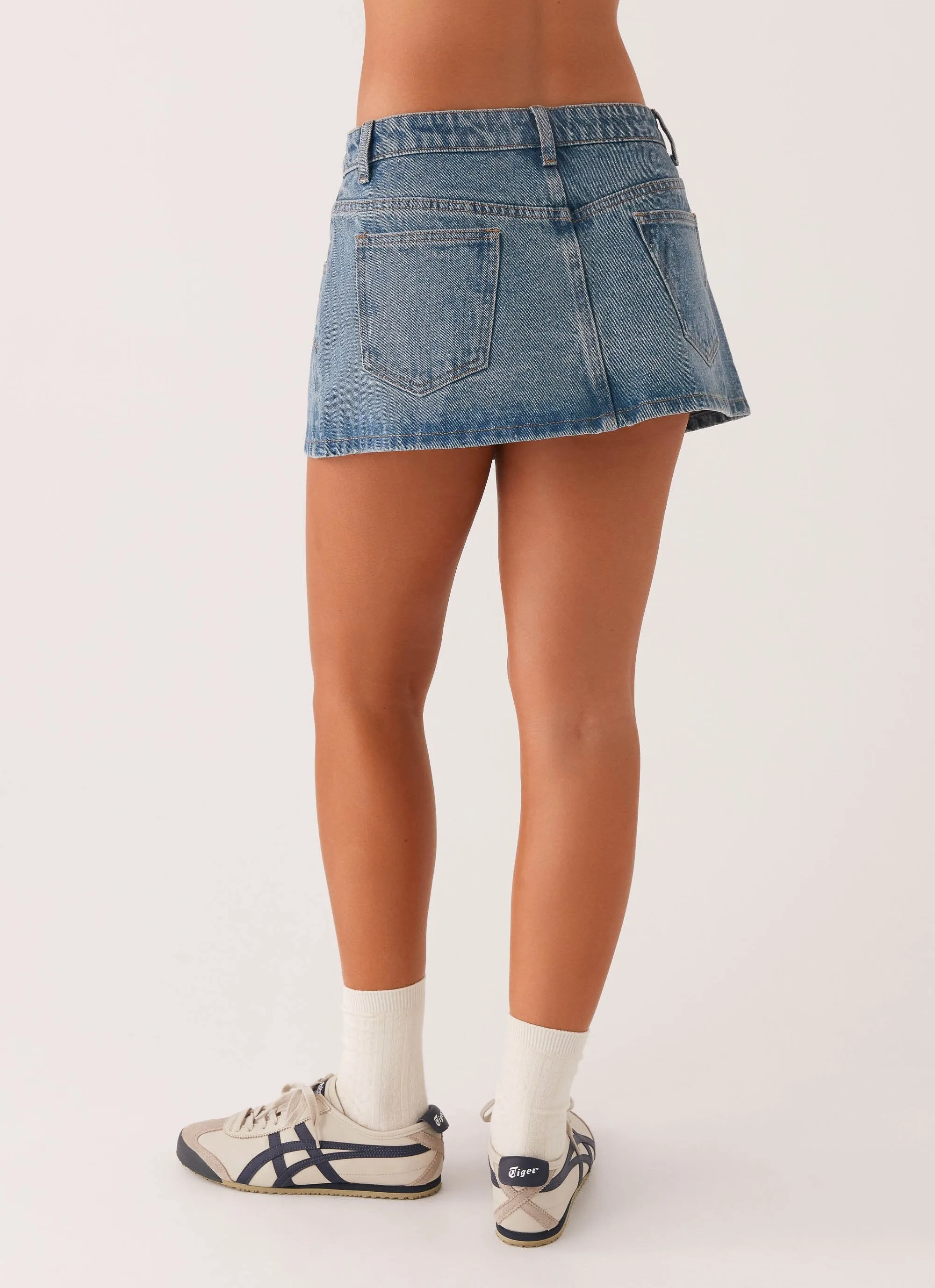 Carrie Denim Mini Skirt - Washed Indigo Chafe-Free Fit Roll-up style