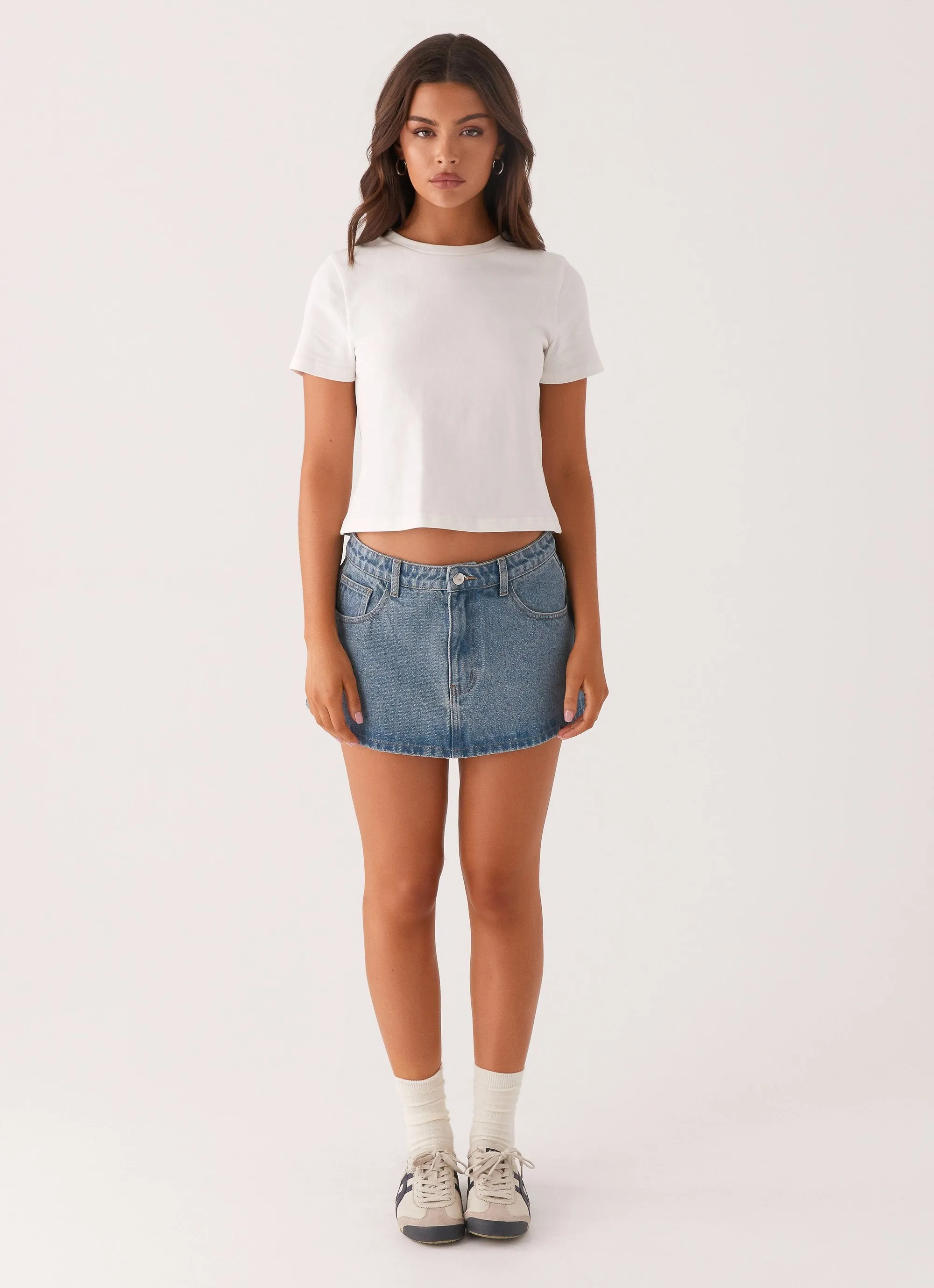 anti slip grip Decorative stitching Carrie Denim Mini Skirt - Washed Indigo