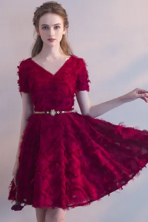 Short Sleeves V-Neck Tea-length Short Prom Dress Homecoming Dress