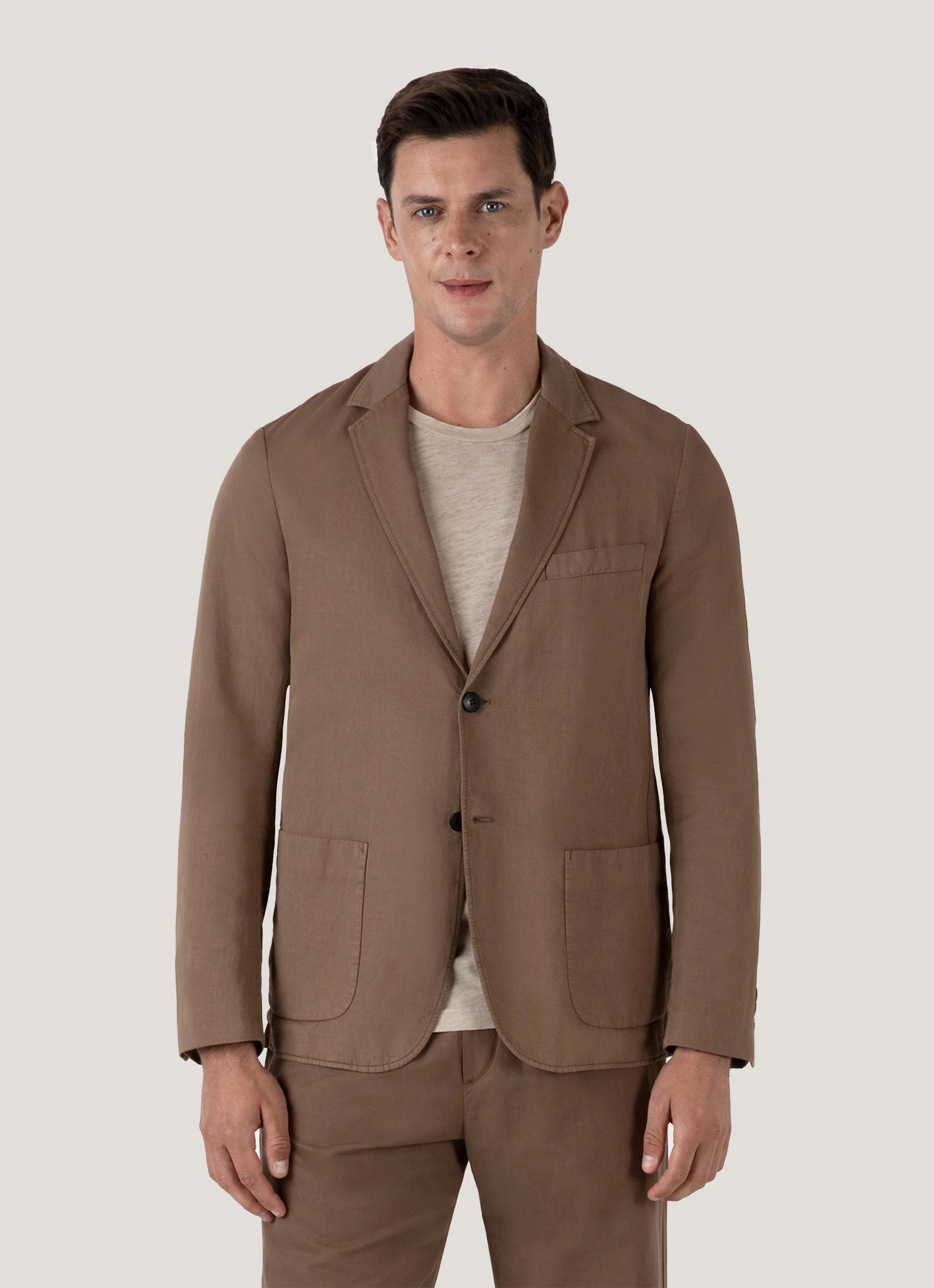 Comfort Fit Silhouette Men's Cotton Linen Unstructured Blazer in Dark Tan