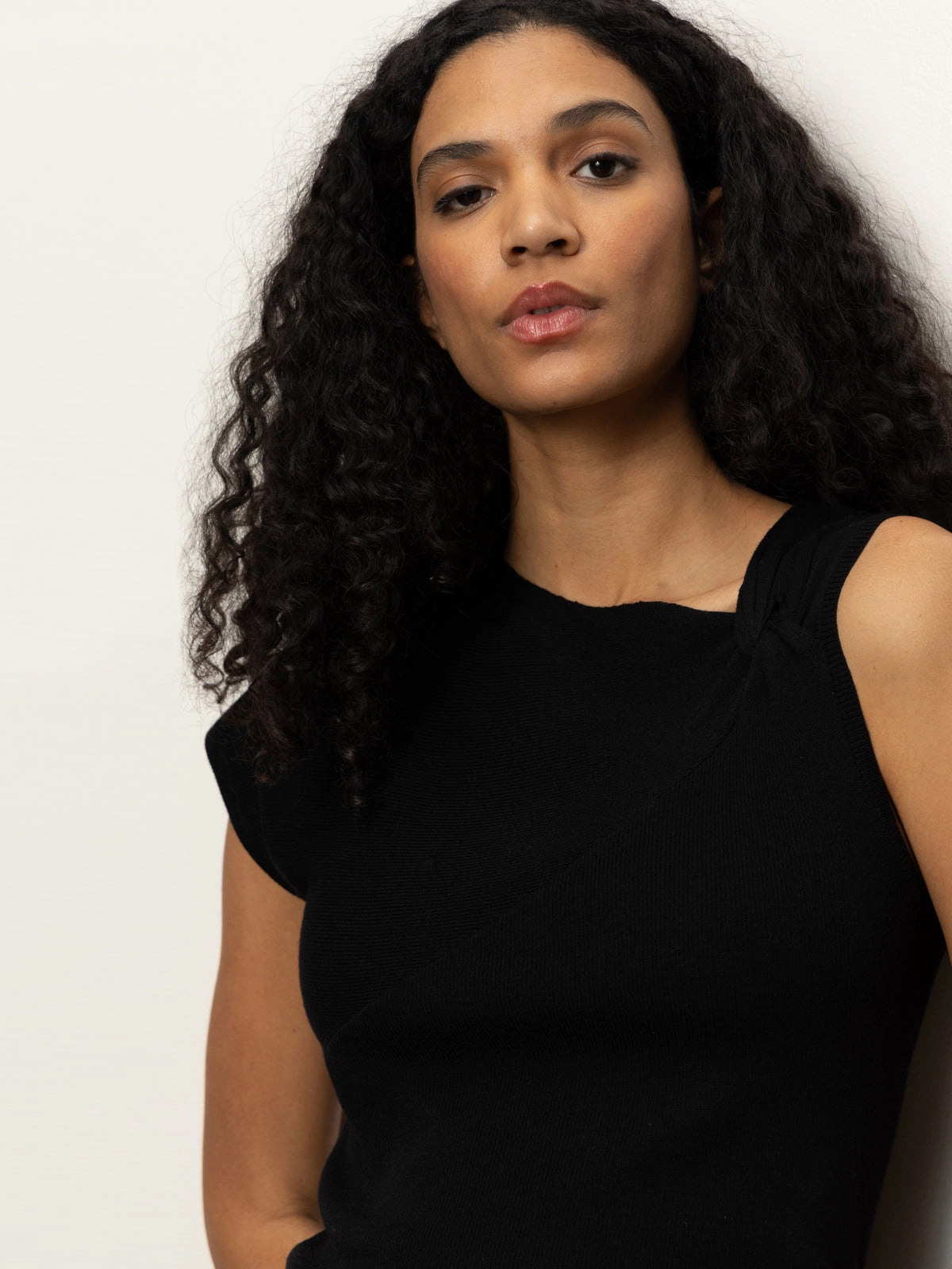 Shoulder Twist Top Black Comfortable Drape Urban Casual Look