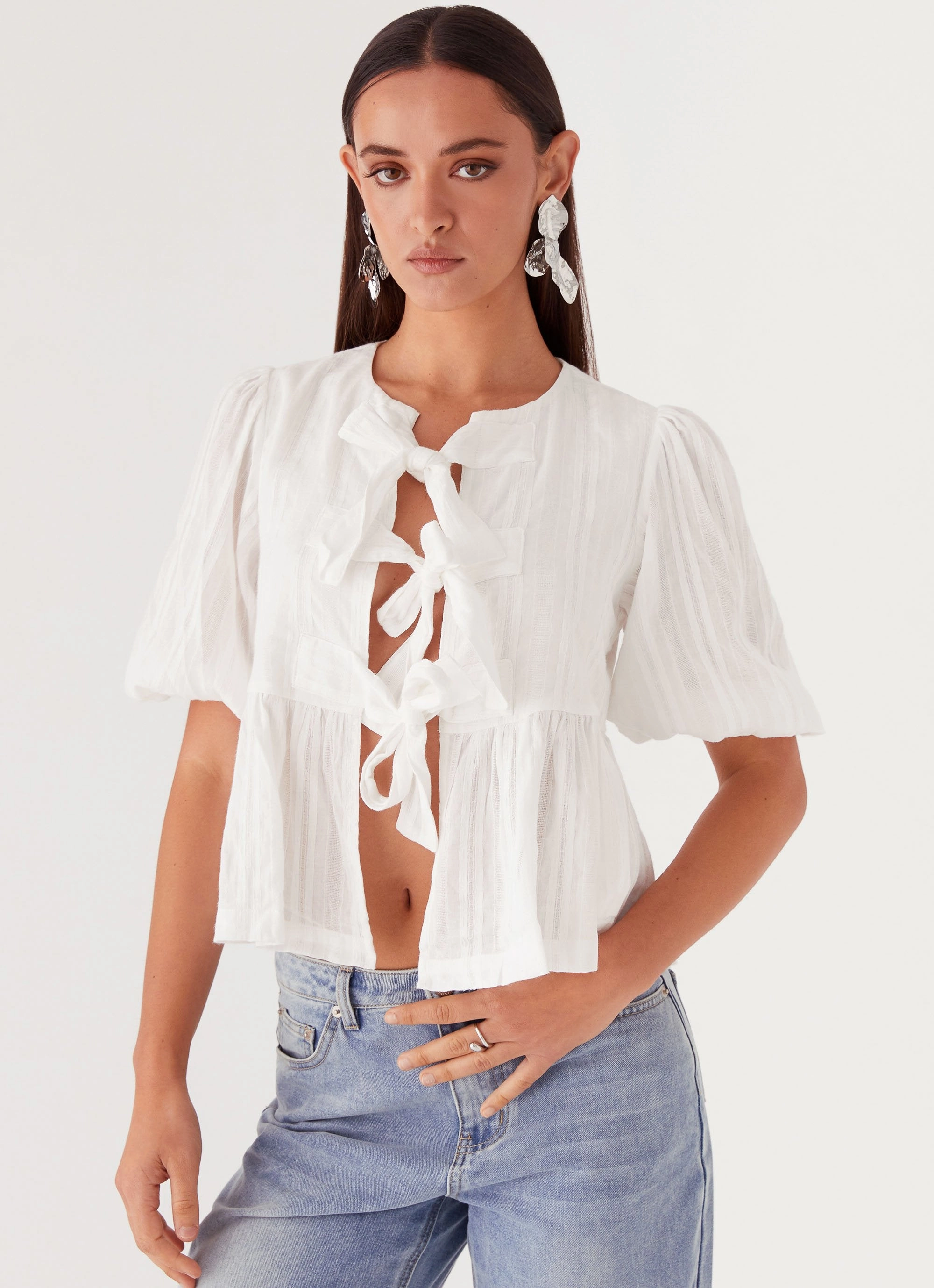 Layered Panel Construction Western Wind Tie Top - White
