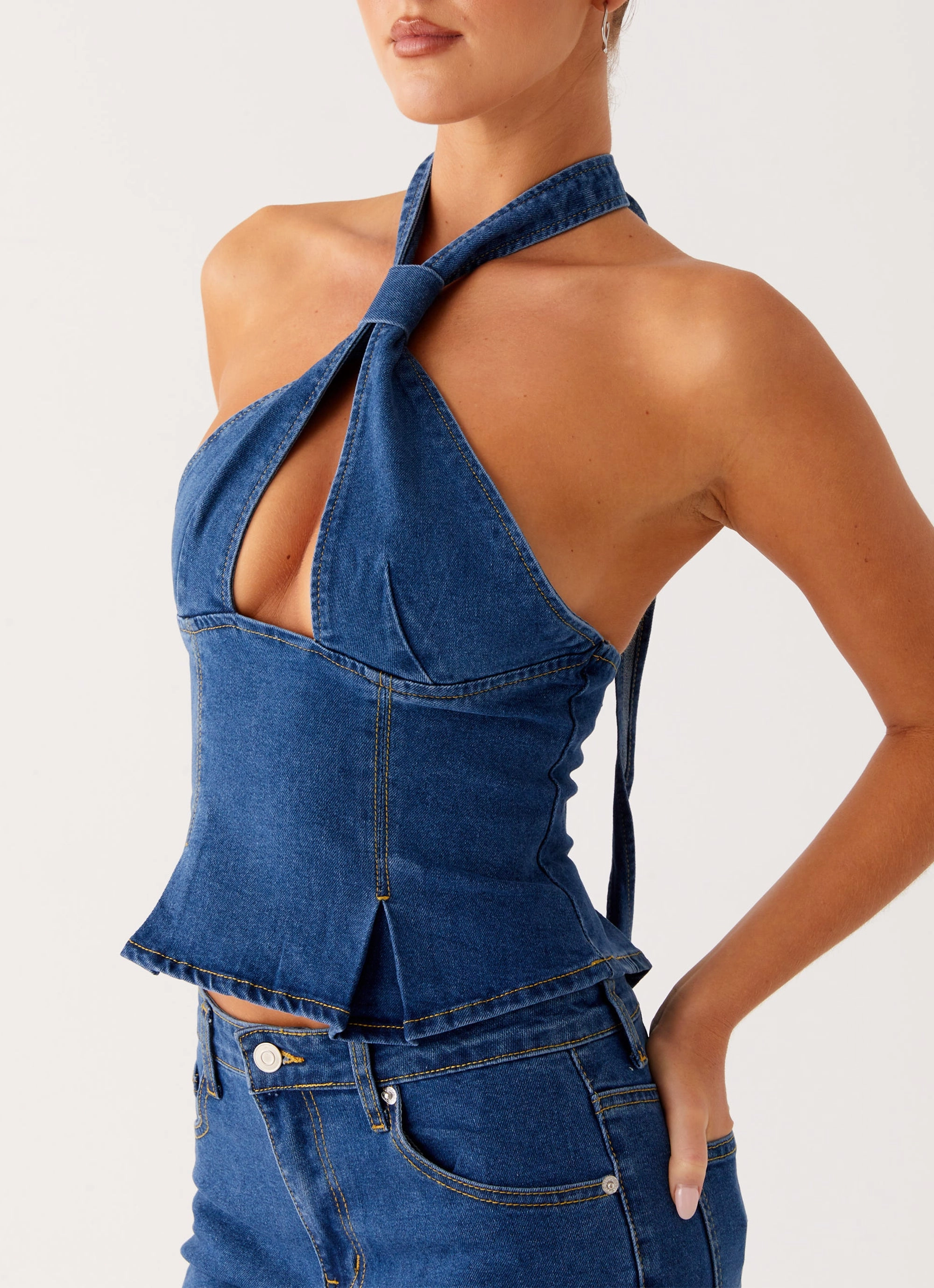 High Density Weave Light Fabric Saylor Halter Denim Top - Indigo