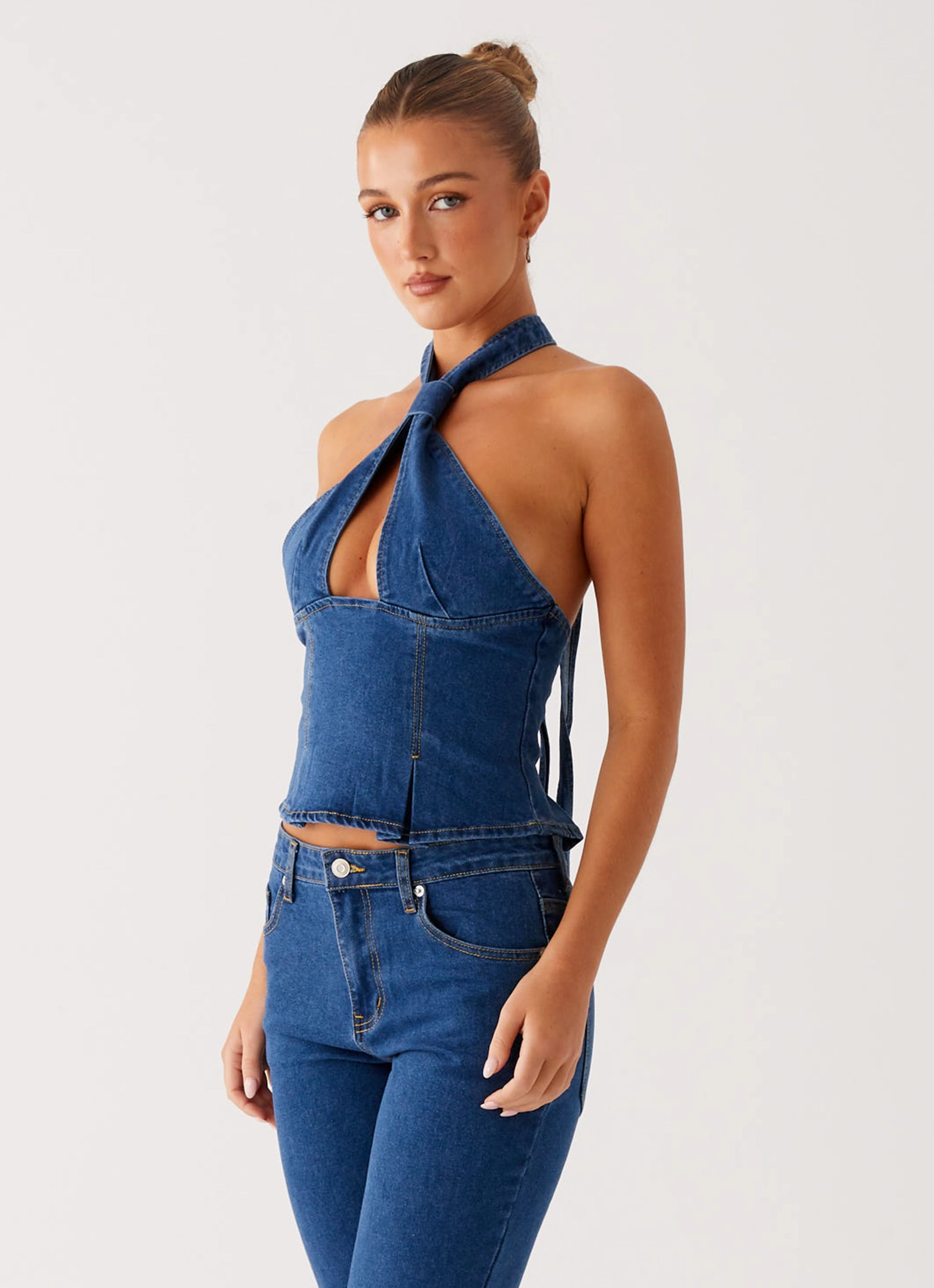 Saylor Halter Denim Top - Indigo stain resistant coating Classic Polo
