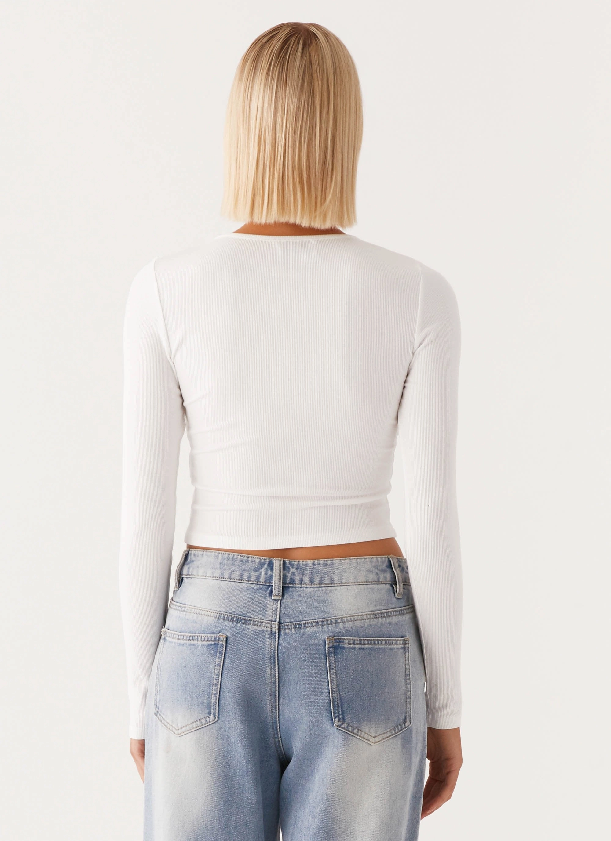 Signature Monogram Long Sleeve Tee - Off White Cozy Blouse Flexible Knit Blend