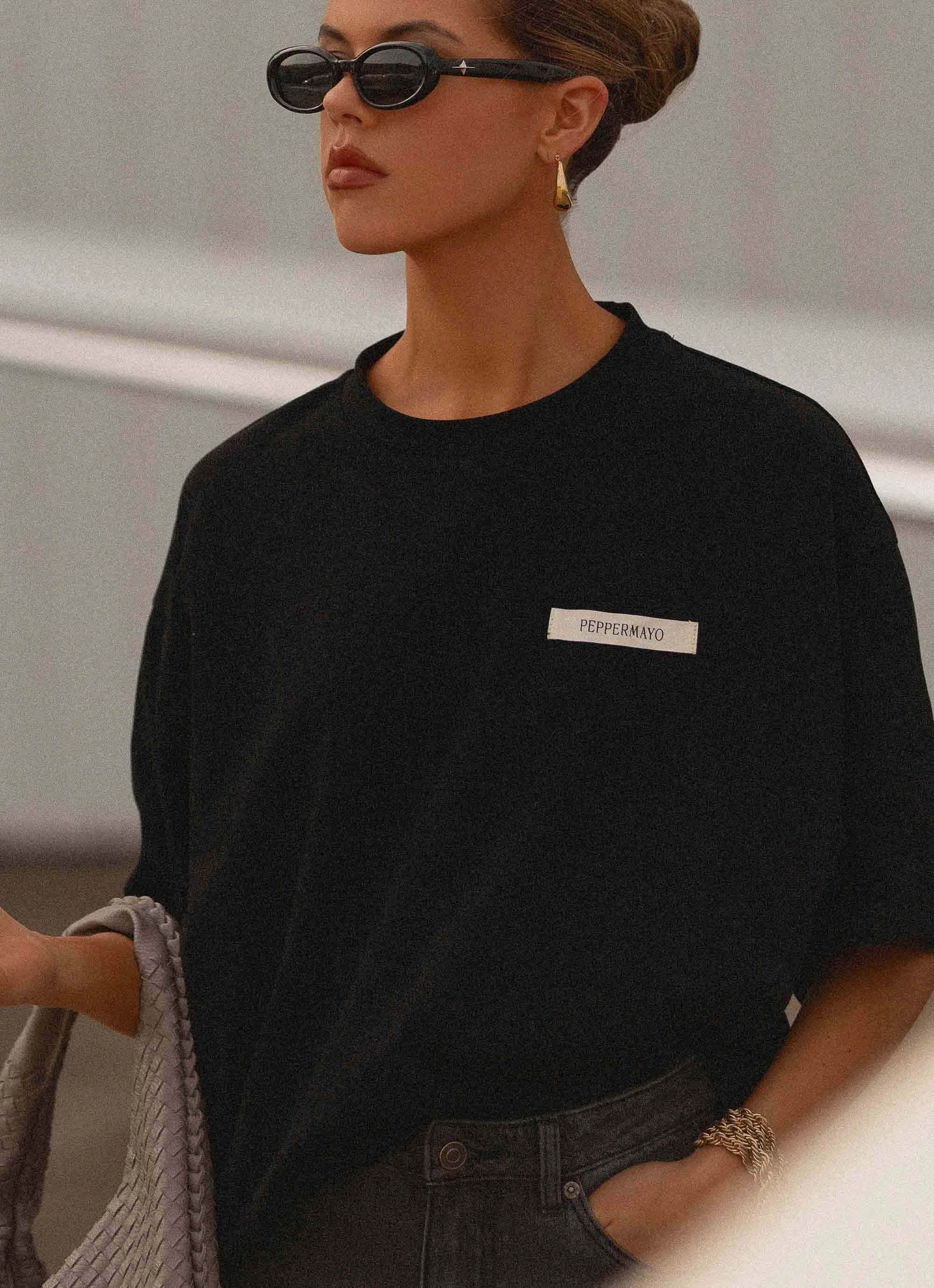 RubberizedGrip Layered Hemline Signature Oversized Tee - Black