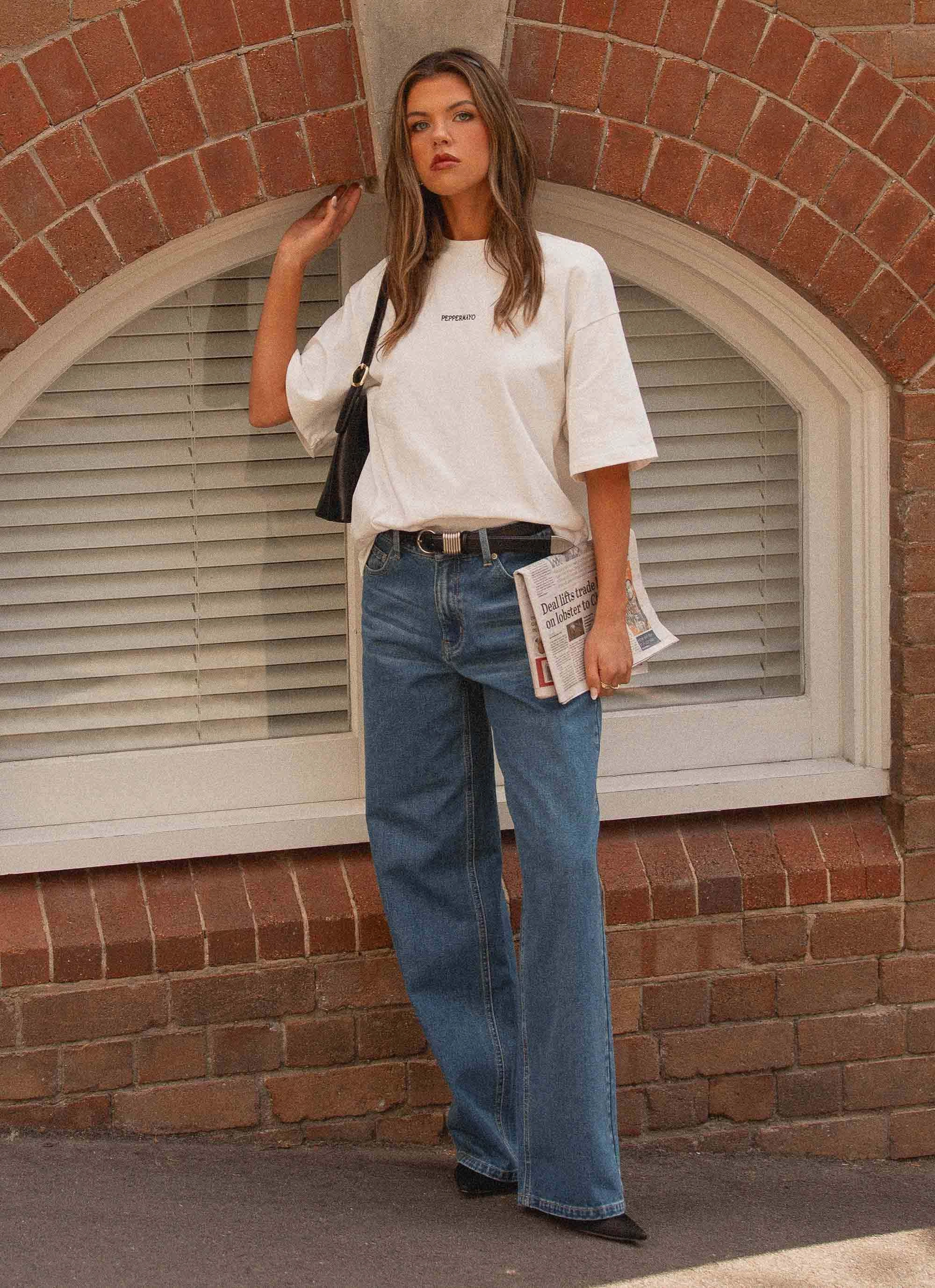 TearResistantWeave Contrast Topstitching Detail Signature Oversized Tee - White