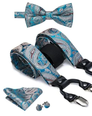 Silver, Brown & Teal Paisley Matching Bowtie & Suspenders Set (4pc)
