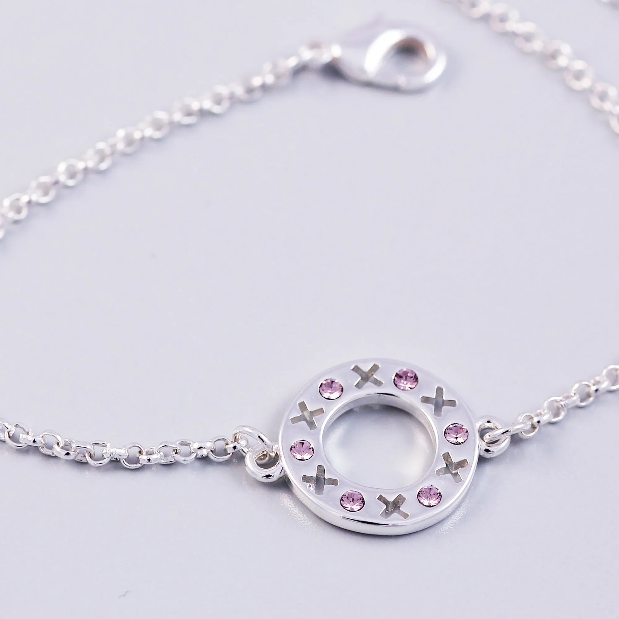 Silver Light Amethyst June Birthstone XOXO Circle Bracelet