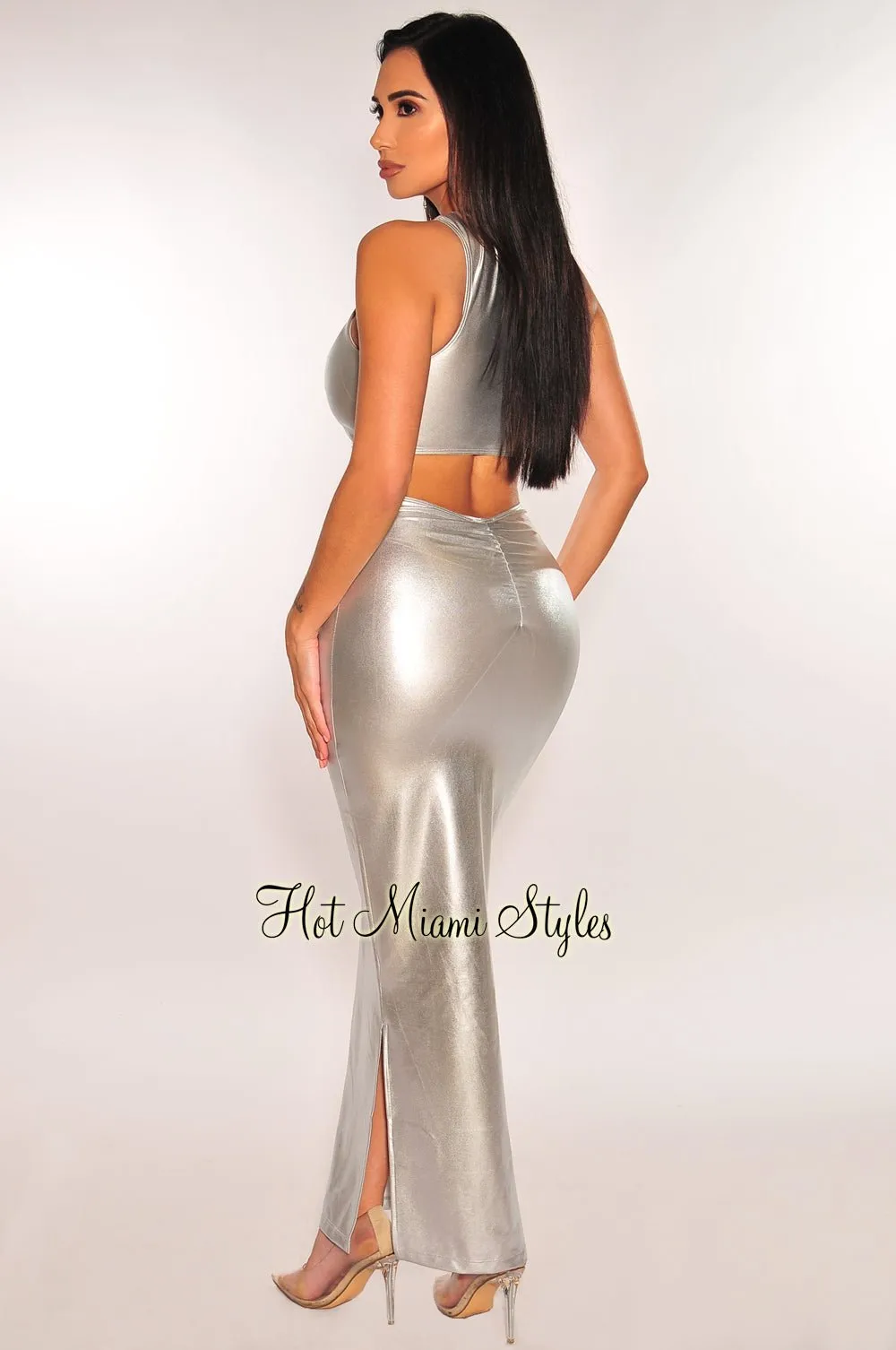 Silver Metallic Ruched Sleeveless Double Slit Skirt Two Piece Set