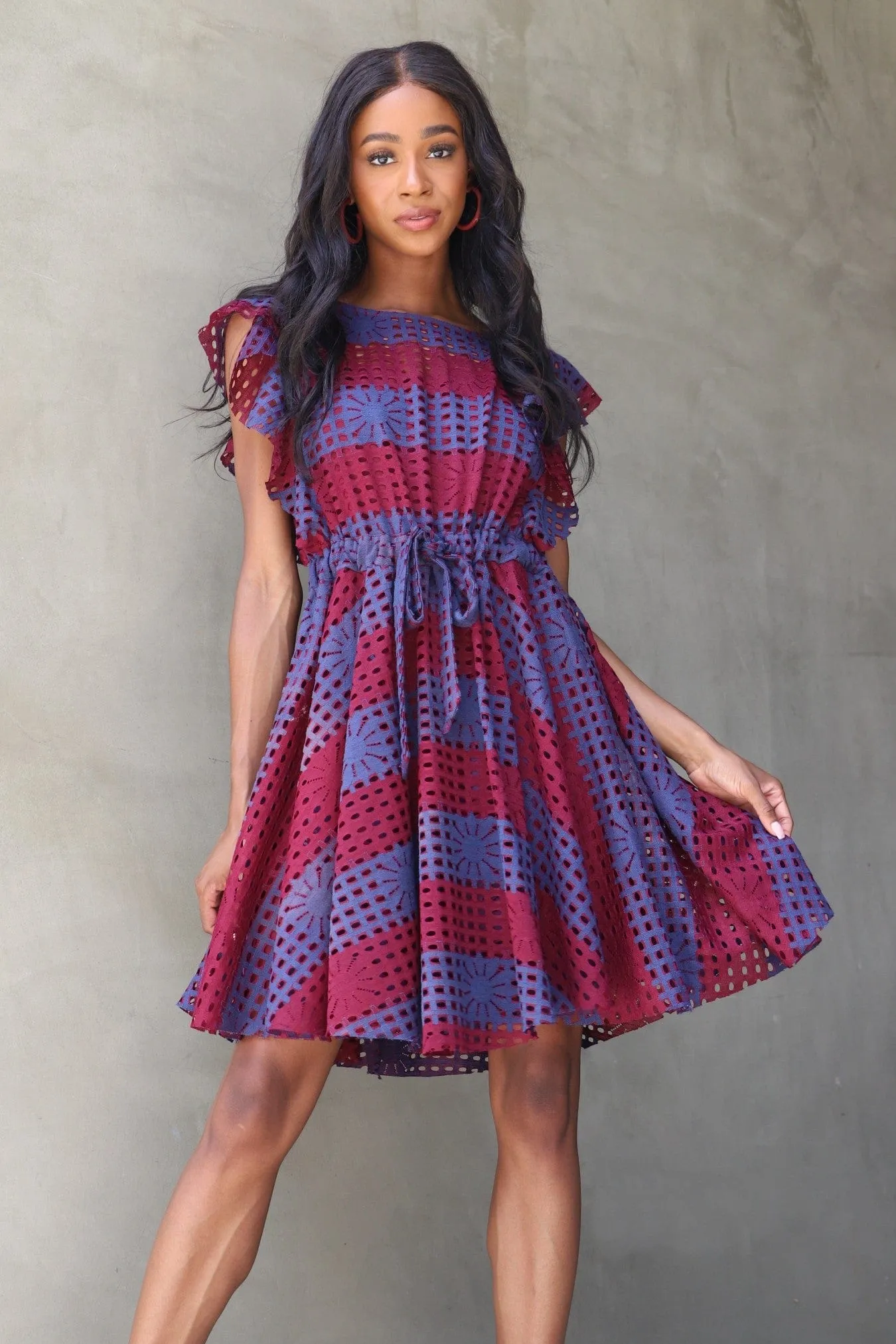 Simona Dress - Wine Stripe Flattering Lines Fitted Mood