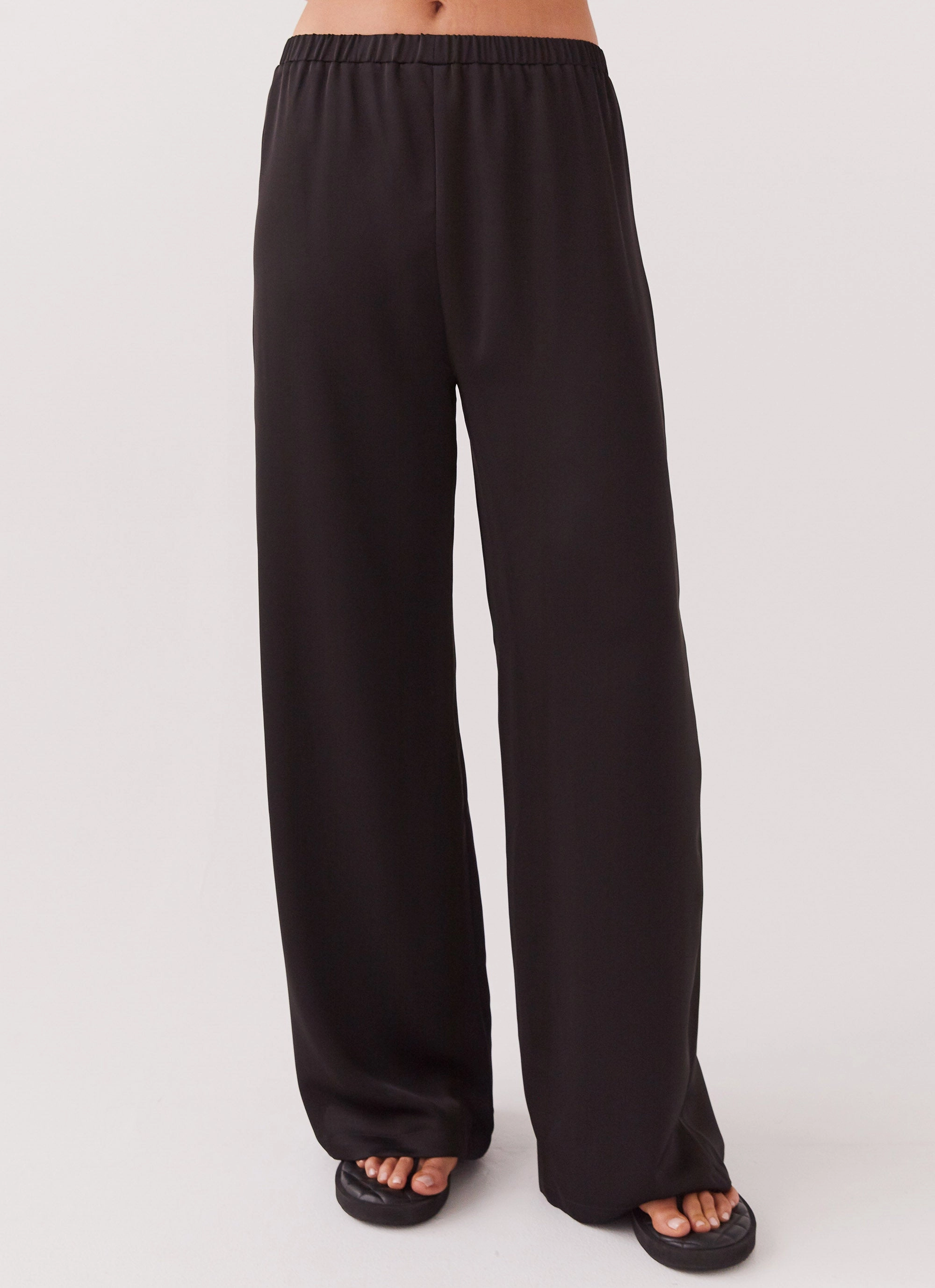 Comfort Waistline Bold Statement Simple Pick Palm Cove Satin Pants - Black