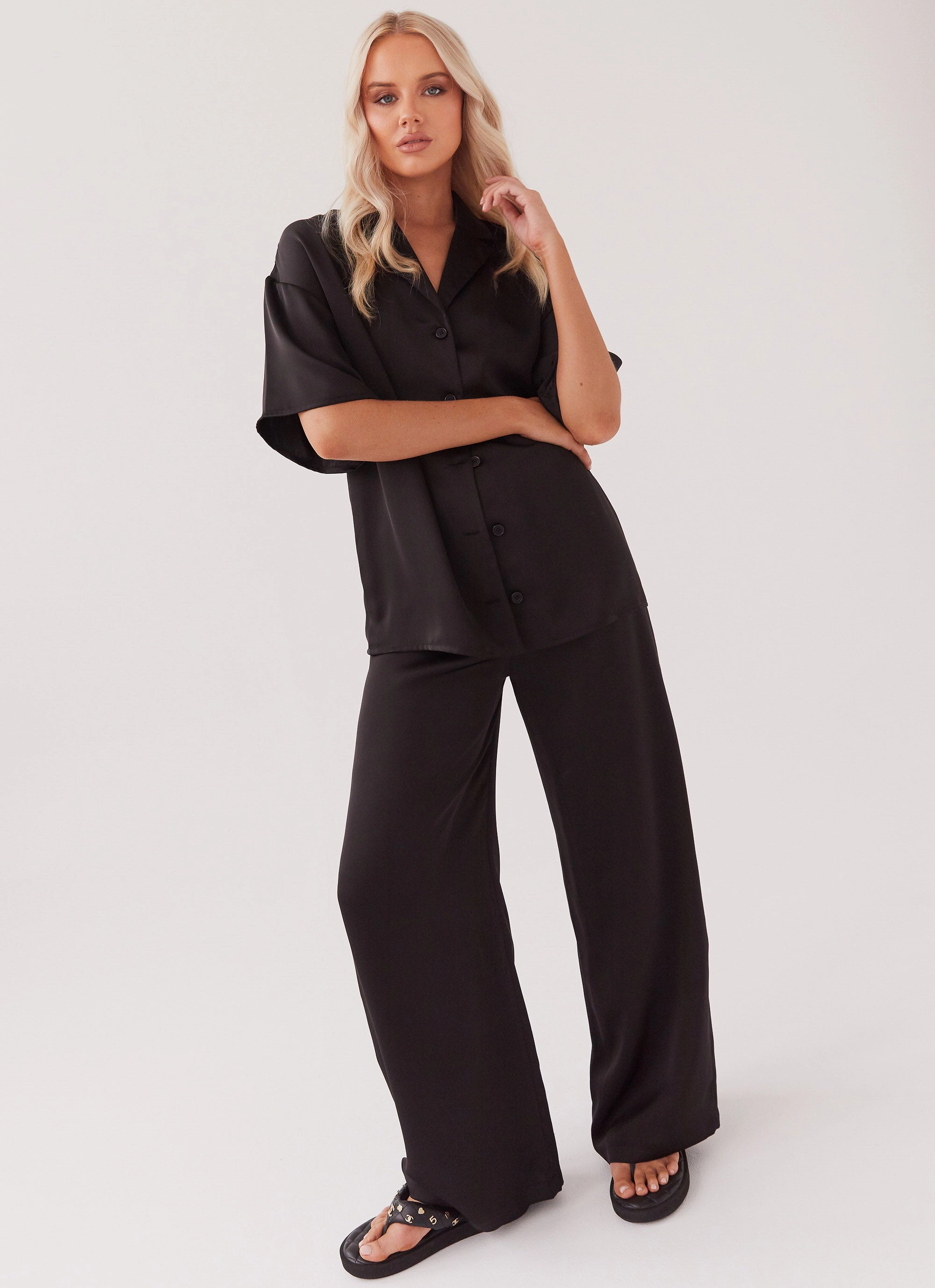 Core Collection Simple Pick Palm Cove Satin Pants - Black