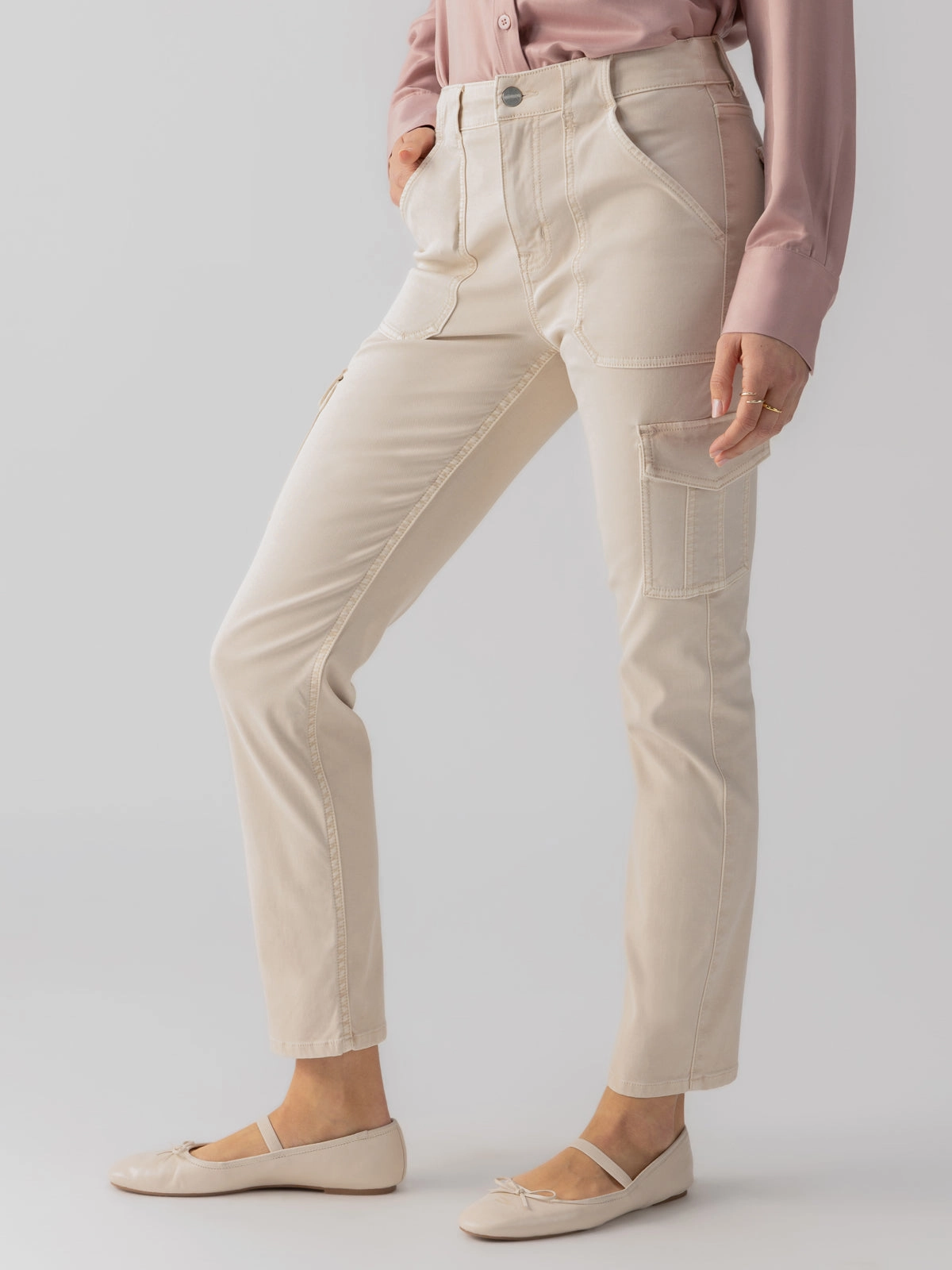 Sculpted Hayden Cargo Standard Rise Pant Toasted Almond No Gap Waist Construction Comfy Cut