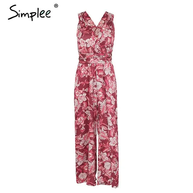 Simplee Boho floral print v neck sexy jumpsuit women Backless lace up casual jumpsuit romper 2018 Loose vintage summer jumpsuit