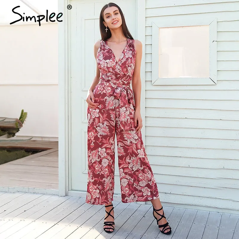 Simplee Boho floral print v neck sexy jumpsuit women Backless lace up casual jumpsuit romper 2018 Loose vintage summer jumpsuit