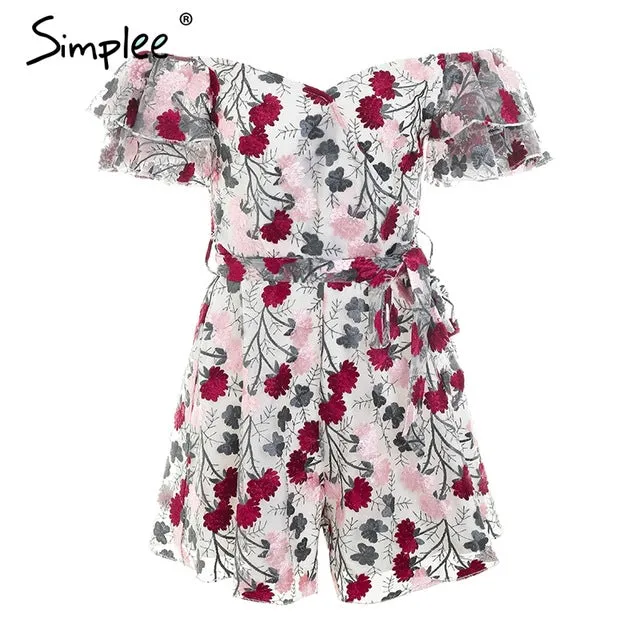 Simplee Off shoulder floral embroidery lace jumpsuit Ruffle sleeve mesh sexy jumpsuit Sash casual summer jumpsuit women romper