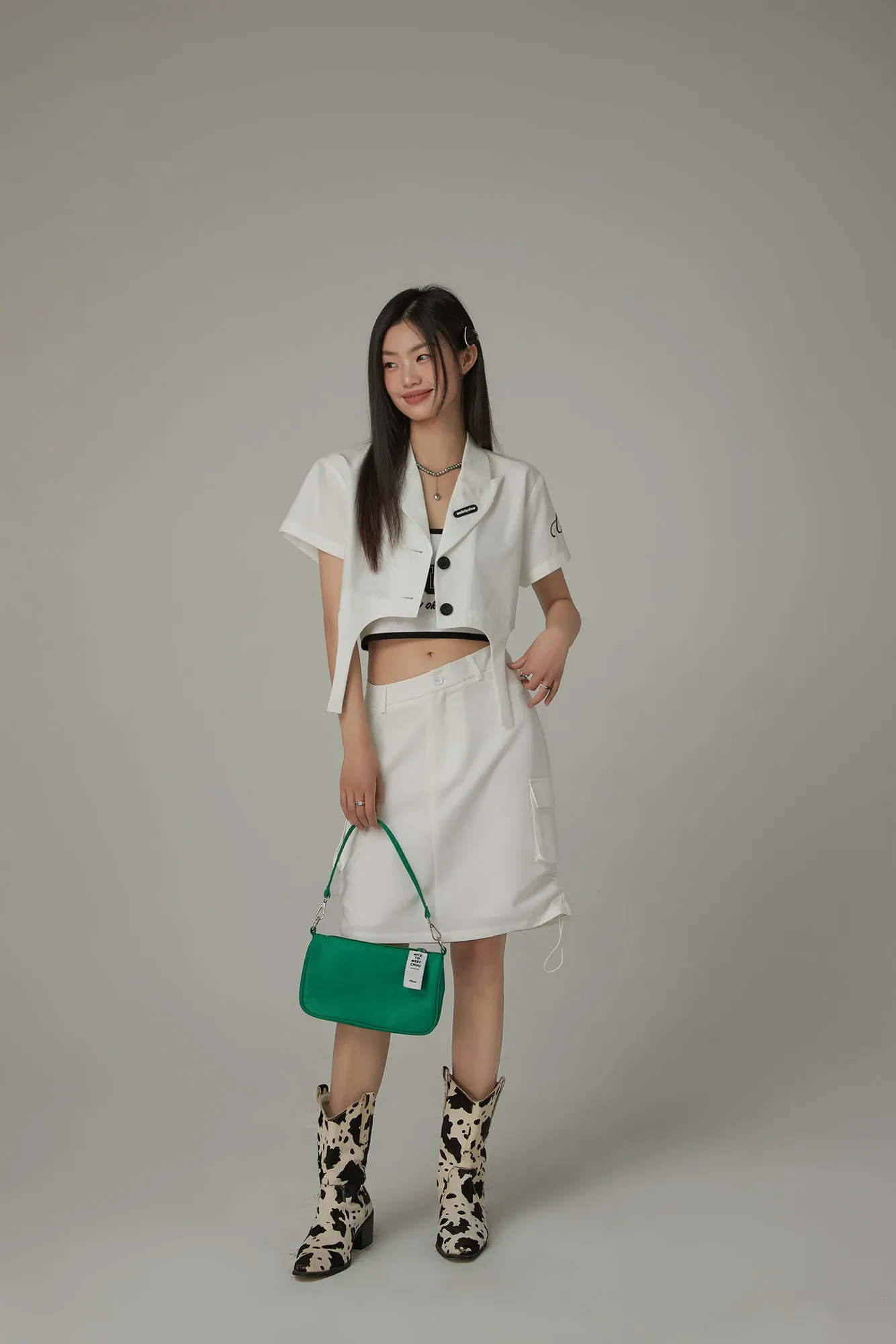 Single-Button Short Sleeve Crop Jacket