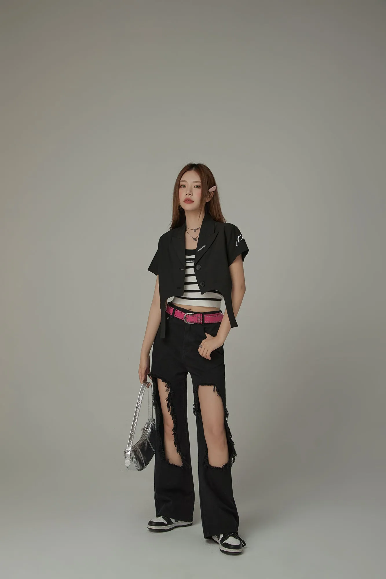 Single-Button Short Sleeve Crop Jacket
