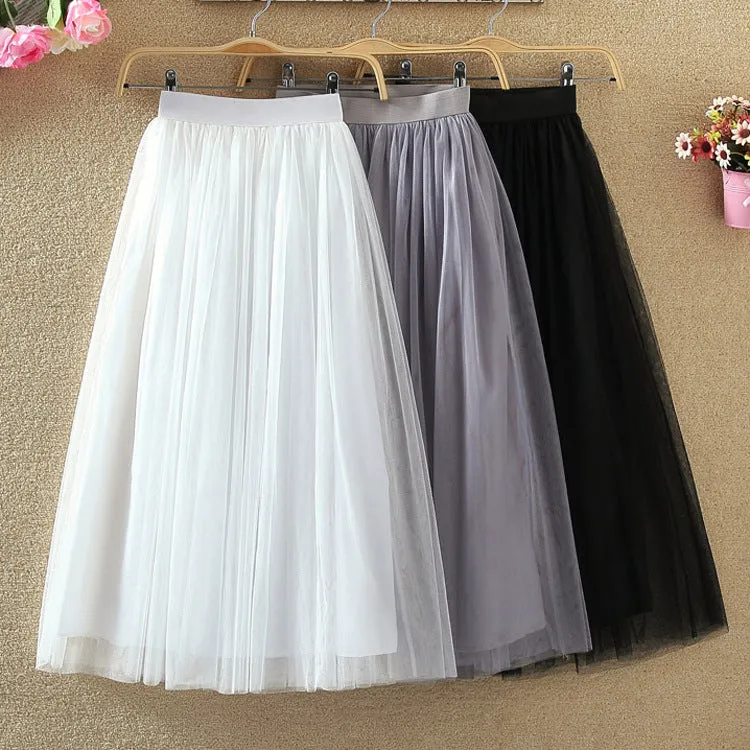Skirt Women Mid-Length Flare Tutu High Waist Mesh Lace Fairy Dress Skirt