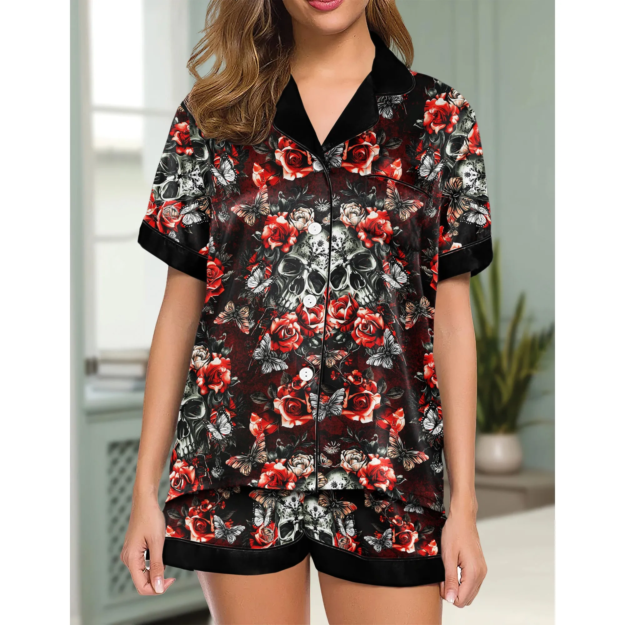 Skull Rose Gothic Women's Pajama Sets Top Sleeve & Short Bottom