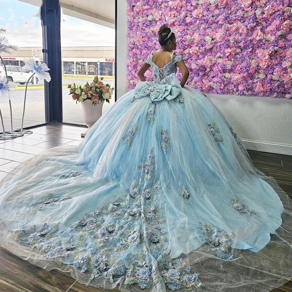 Sky Blue Quinceanera Dresses Ball Gown Floral Sweet 16 15 Dress Lace Appliques Beading Off Shoulder