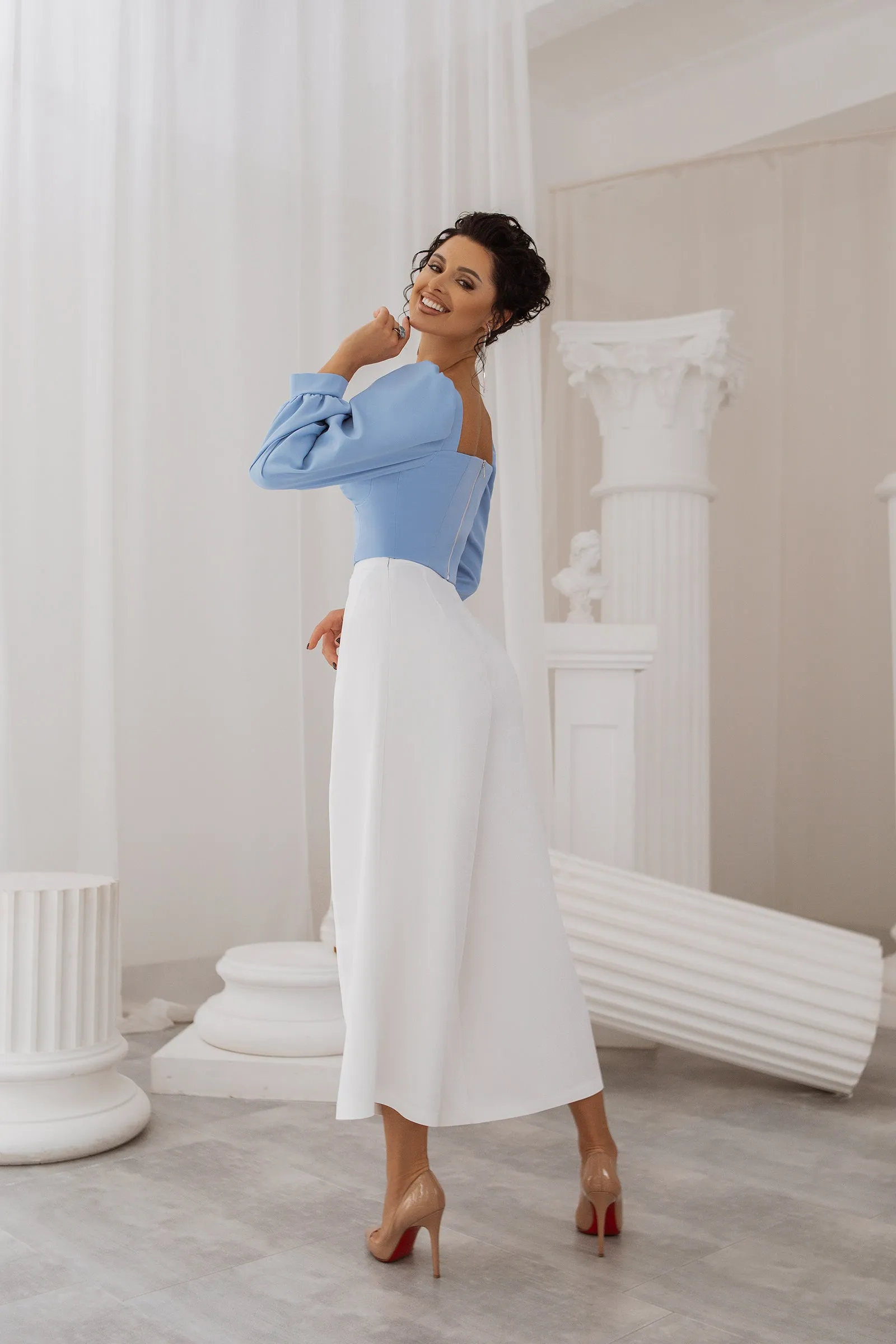 Sky-Blue Sweetheart Puff-Sleeve Blouse