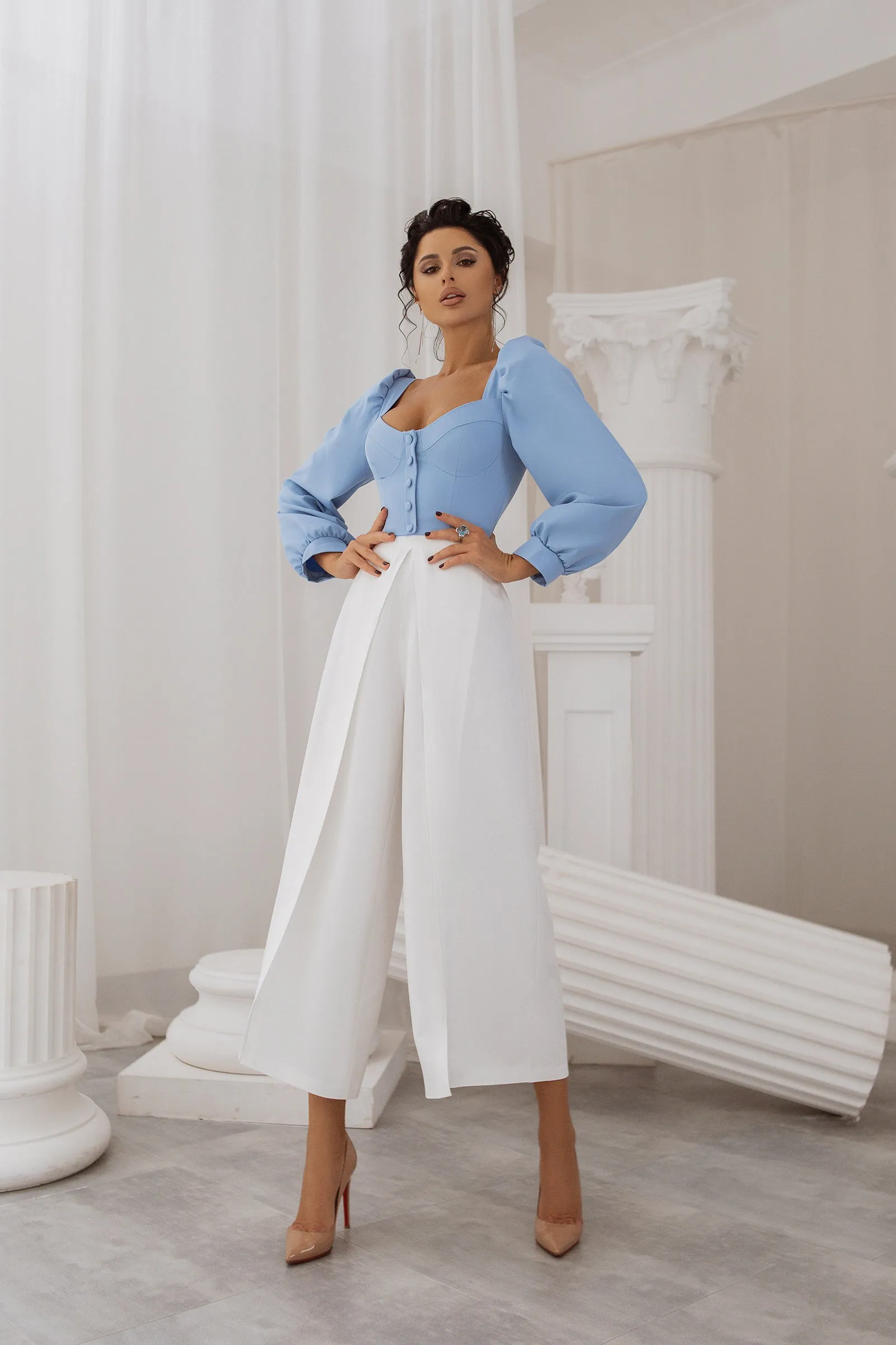 Sky-Blue Sweetheart Puff-Sleeve Blouse
