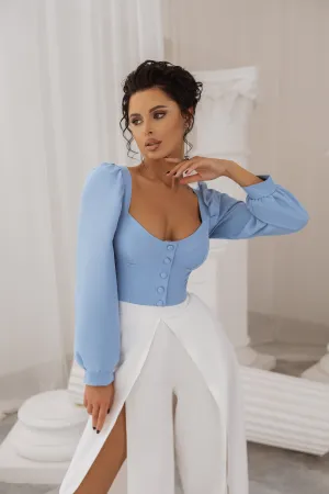 Sky-Blue Sweetheart Puff-Sleeve Blouse
