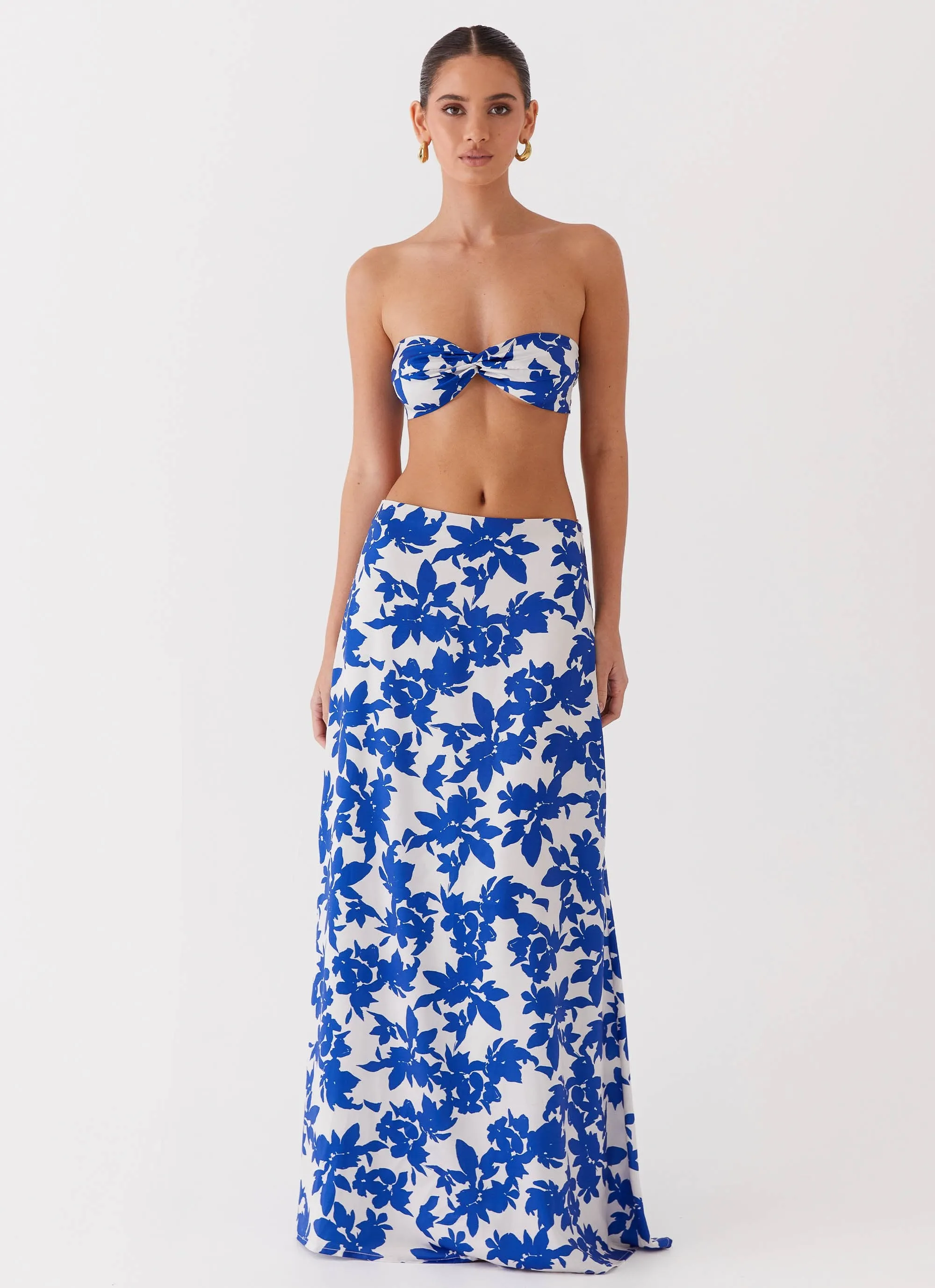 Sky Gaze Low Rise Maxi Skirt - Blue Floral Reinforced Knees